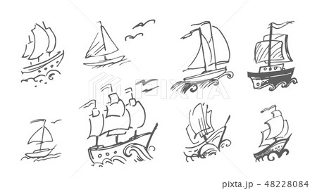 Hand drawn vector logo of vintage sailing ship in the sea 48228084