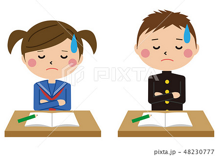 ポップな学生服の男女 上半身 悩む ポップな学生服の男女 上半身 悩む 48230777