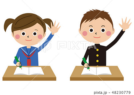 ポップな学生服の男女　上半身　手をあげる 48230779