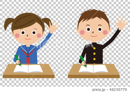 ポップな学生服の男女　上半身　手をあげる 48230779