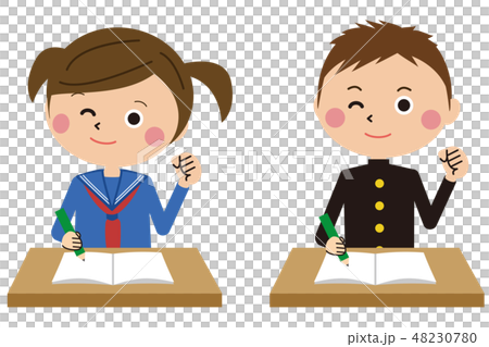 ポップな学生服の男女 上半身 ガッツポーズ ポップな学生服の男女 上半身 ガッツポーズ 48230780