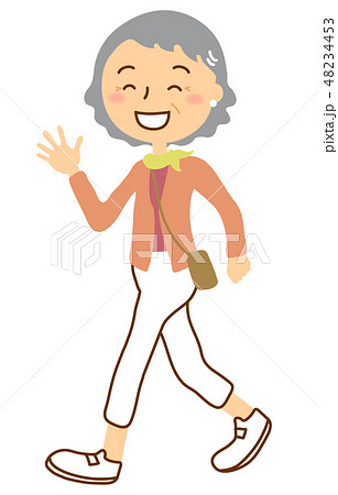 シニア女性ピースサイン笑顔で歩く全身のイラスト素材