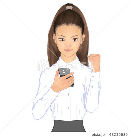携帯を見てガッツポーズするビジネスウェアの女性 perming2DCGイラスト素材 携帯を見てガッツポーズするビジネスウェアの女性 perming2DCGイラスト素材 48236686