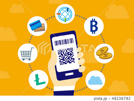 スマートフォンのキャッシュレス決済シンプル背景アイコンビットコインやクレジットカードなどのイラスト素材 48236782 Pixta