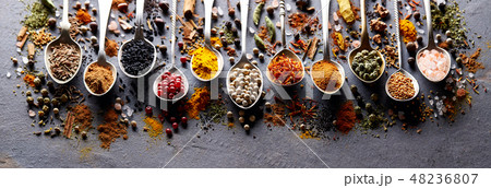 Herbs and spices on black board Herbs and spices on black board 48236807