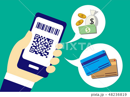 スマートフォンのキャッシュレス決済シンプル背景アイコンビットコインやクレジットカードなどのイラスト素材