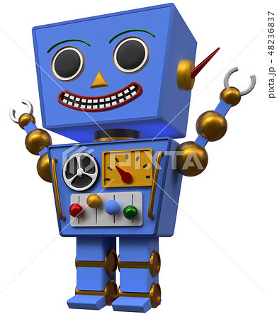 3dで作られた万歳をしている青い色の玩具のロボットのイラスト素材 4367