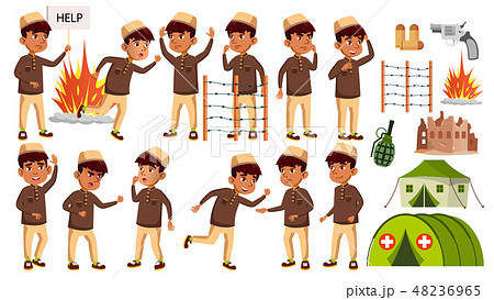 Arab, Muslim Boy Kid Poses Set Vector. Refugee, Military Conflict, War. Children. For Advertisement 48236965