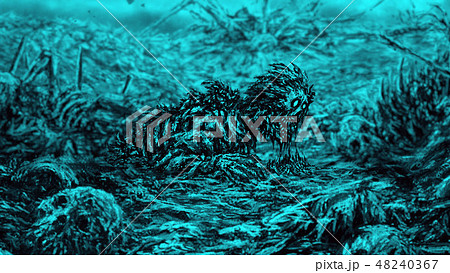 Zombie wakes up from dirt on blue background. 48240367