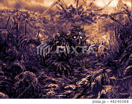 Zombie wakes up and raises head from dirt. 48240368