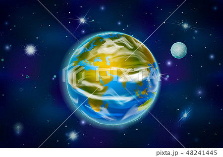 Earth planet with moon on deep space background with bright stars and constellations 48241445