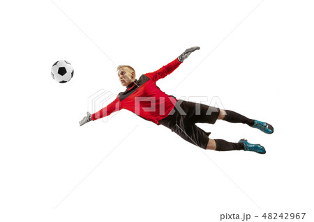 One soccer player goalkeeper man catching ball One soccer player goalkeeper man catching ball 48242967