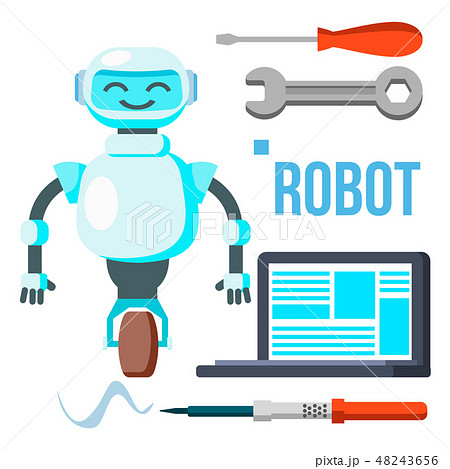 Robot With Laptop Vector. Homemade Assistant Helper. Isolated Flat Cartoon Illustration 48243656