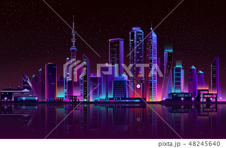Vector clock tower on river, glowing city Vector clock tower on river, glowing city 48245640