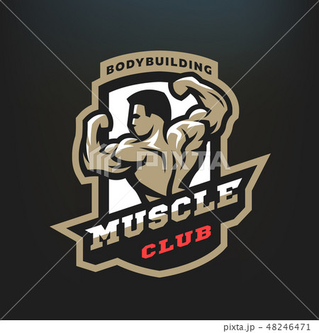 Muscle club. Bodybuilding emblem, logo. 48246471