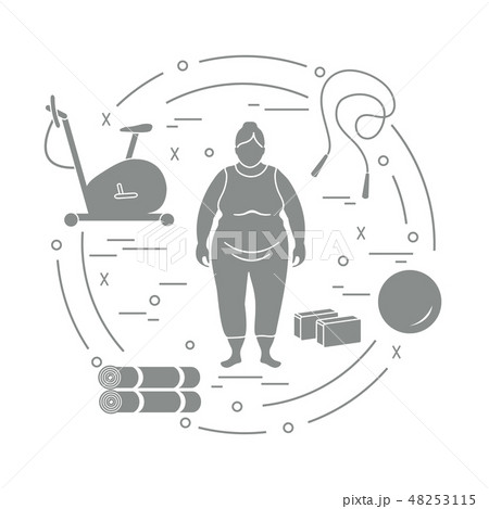 Fat woman and different sports equipment 48253115