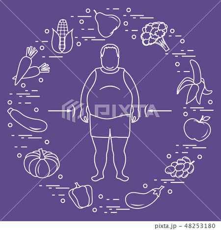 Fat man with healthy food around him Healthy 48253180