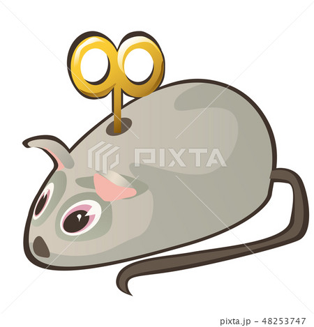 Clockwork mouse with key isolated on white background. Vector cartoon close-up illustration. 48253747