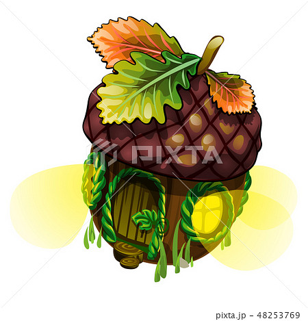 Fairy house in form of acorn with glowing windows isolated on white background. Vector close-up Fairy house in form of acorn with glowing windows isolated on white background. Vector close-up 48253769