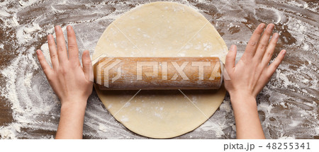 Chef rolling dough for pizza on table Chef rolling dough for pizza on table 48255341