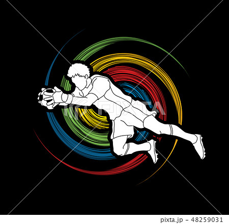 Goalkeeper jumping action, catches the ball vector Goalkeeper jumping action, catches the ball vector 48259031