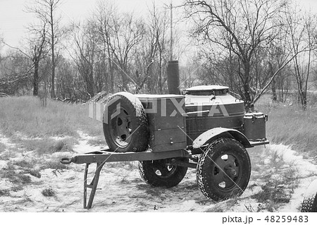 Russian Soviet World War II Field Kitchen In Winter Forest. WWII Equipment Of Red Army. Mobile Russian Soviet World War II Field Kitchen In Winter Forest. WWII Equipment Of Red Army. Mobile 48259483