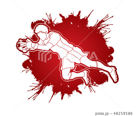 Goalkeeper jumping action, catches the ball vector 48259586