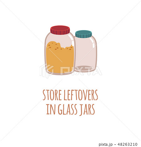 Two glass jars for storage of food residues in a flat style with text Store leftovers in glass jar. 48263210