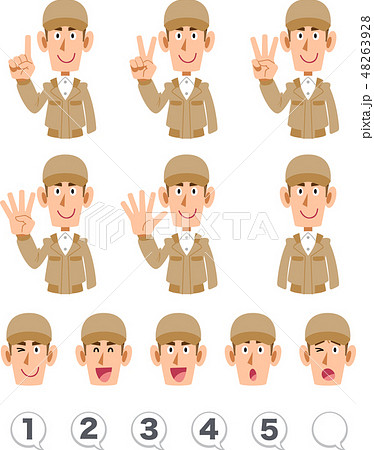 指で数字を数えるベージュの作業着を着た男性の上半身 表情と数字のセット 指で数字を数えるベージュの作業着を着た男性の上半身 表情と数字のセット 48263928