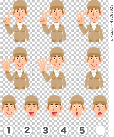 The upper body expression and number of men wearing a beige work cloth that counts numbers with fingers The upper body expression and number of men wearing a beige work cloth that counts numbers with fingers 48263928