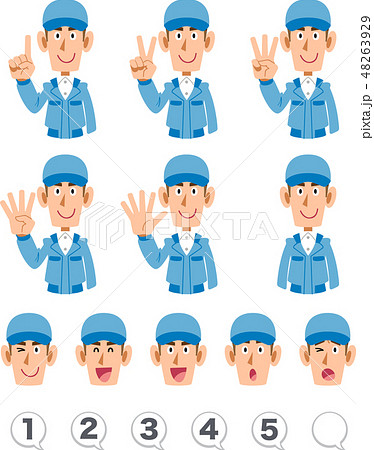 指で数字を数えるブルーの作業着を着た男性の上半身 表情と数字のセット 指で数字を数えるブルーの作業着を着た男性の上半身 表情と数字のセット 48263929