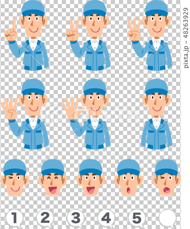 指で数字を数えるブルーの作業着を着た男性の上半身 表情と数字のセット 指で数字を数えるブルーの作業着を着た男性の上半身 表情と数字のセット 48263929