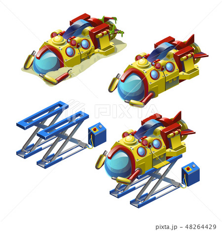 Repair and launch of research submarine isolated on white background. Vector cartoon close-up 48264429