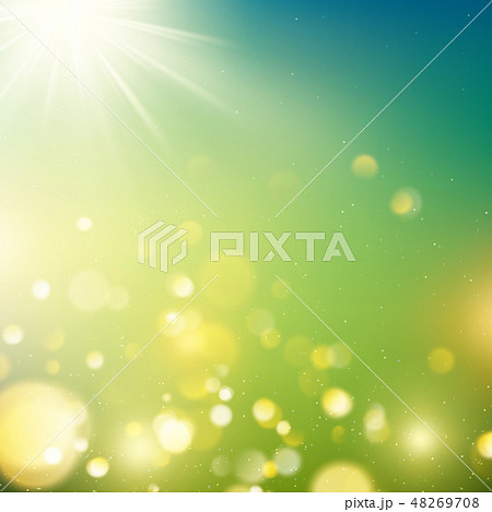 Realistic outdoors bokeh in green and yellow tones with sun rays. EPS 10 48269708
