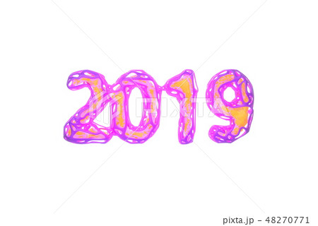 Happy New Year Banner with 2019 Numbers made by bright pink wire and orange glowing lowpoly core Happy New Year Banner with 2019 Numbers made by bright pink wire and orange glowing lowpoly core 48270771