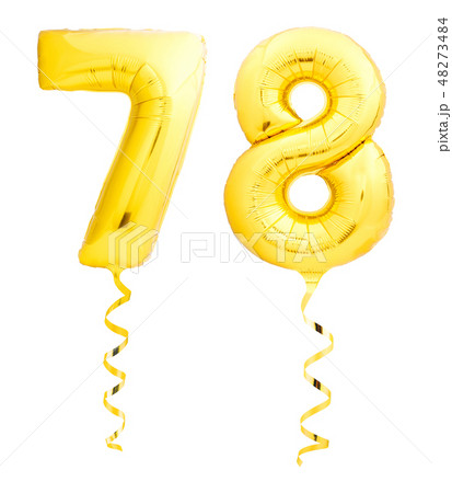 Golden number seventy eight 78 made of inflatable balloon with ribbon on white 48273484
