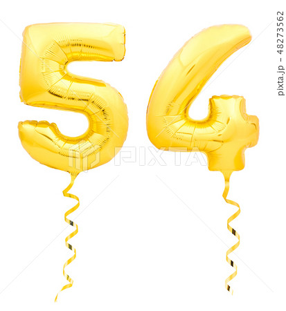 Golden number fifty four 54 made of inflatable balloon with ribbon on white Golden number fifty four 54 made of inflatable balloon with ribbon on white 48273562