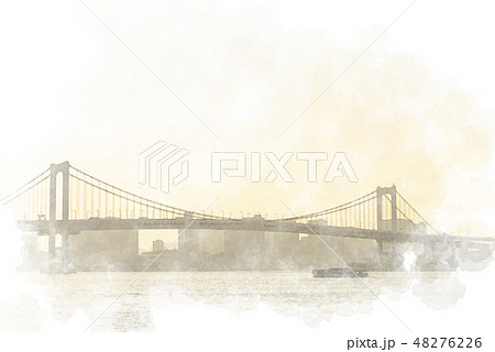 夕方のレインボーブリッジ 水彩画風のイラスト素材