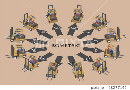 Twelve identical forklifts in isometric. Twelve identical forklifts in isometric. 48277142