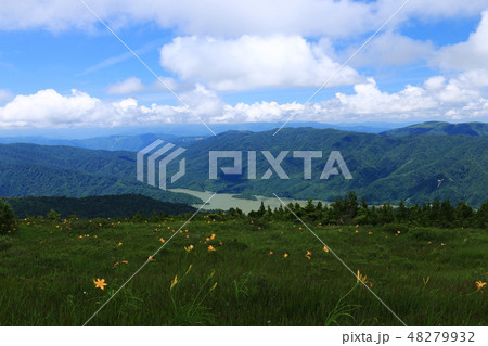 北アルプス　折立から太郎平への道　有峰湖遠景 48279932