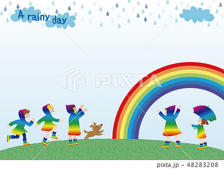 雨の日の子供３ 子供と虹 のイラスト素材 48