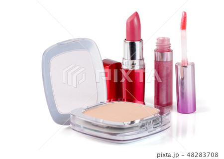 Make-up powder, lipstick and lip gloss isolated on white background Make-up powder, lipstick and lip gloss isolated on white background 48283708