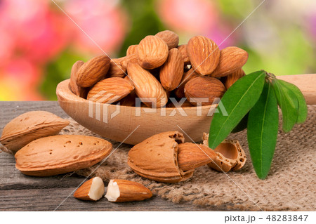heap of peeled almonds with leaf in a wooden spoon on table blurred garden background 48283847