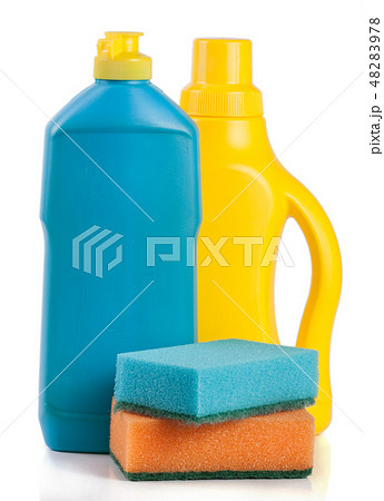 dishwashing detergent with sponge isolated on white background dishwashing detergent with sponge isolated on white background 48283978