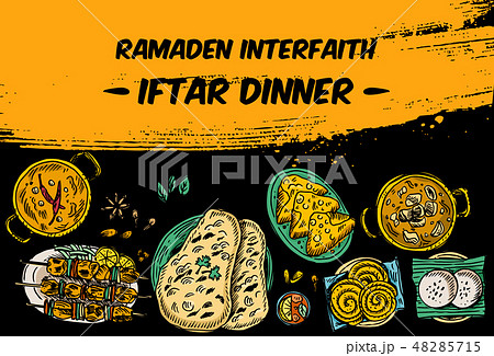 Drawing of top view Iftar dinner on the table 48285715