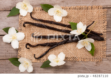 Vanilla sticks with flower and leaf on a old wooden background 48287110