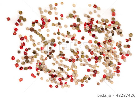 Black, red, green, white peppercorns isolated on white background. Heap of spice. Mix of different 48287426