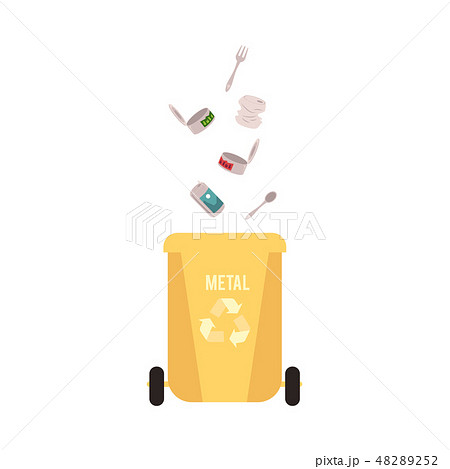 Rubbish yellow bin with falling and pour in metal waste and garbage for recycling. 48289252