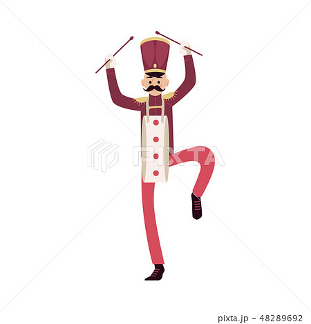 Parade and marching band participant, mustache man with drum sticks. 48289692