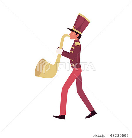 Parade and marching band participant, a red faced saxophone player plays a saxophone or trumpet. 48289695